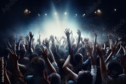 crowd cheering concert hand raised air light spotlight arm rock pop show fan music musical hollywood theatre entertainment perform performance background beam ray mist fog smoke dark photo