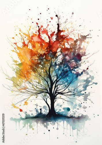 Watercolour tree painted with vivid rich colour and expressive watercolor washes on thick paper — autumn colours 