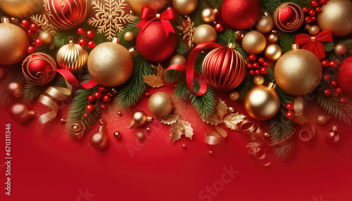 Elegant gold ornaments on a vibrant red backdrop for celebrating Christmas. Ai generative.