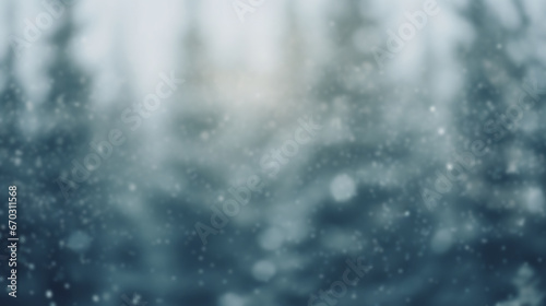 blur pine forest white snow falling background. festive winter seasonal Christmas and new year decoration concept © piggu