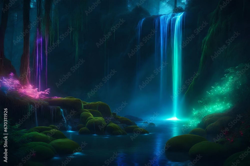 Fantasy of neon waterfall in deep forest. Glowing colorful look like fairytale.