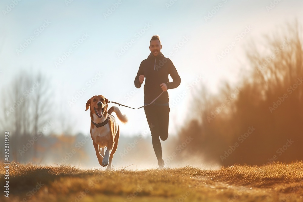 concept lifestyle healthy morning sunny dog beagle runs man exercises canicross  cross dog exercise fit fitness health healthy jogger jogging man marathon nature people pet run runner sport - obrazy, fototapety, plakaty 