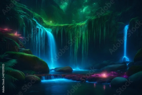 Fantasy of neon waterfall in deep forest. Glowing colorful look like fairytale.