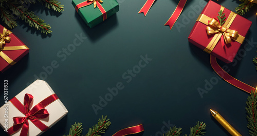 Merry Christmas green background with Christmas decorations, gift boxes, ribbon, balls, fir branches, top view. Space for text