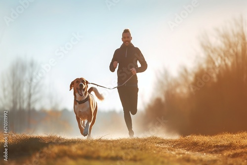 concept lifestyle healthy morning sunny dog beagle runs man exercises canicross  cross dog exercise fit fitness health healthy jogger jogging man marathon nature people pet run runner sport photo