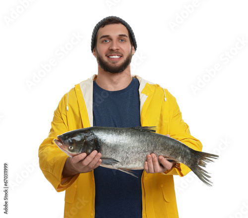 Fisherman with caught fish isolated on white