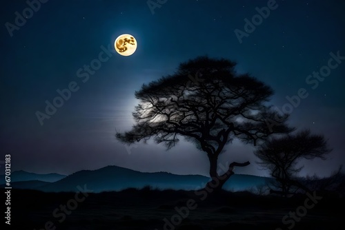 Silhouette of lone tree with full moon at it largest also called supermoon