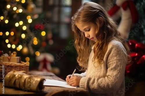 Pretty little girl with curly hair in santa hat writes letter to santa at the table near the christmas tree at home. Merry Christmas and Happy New Year concept
