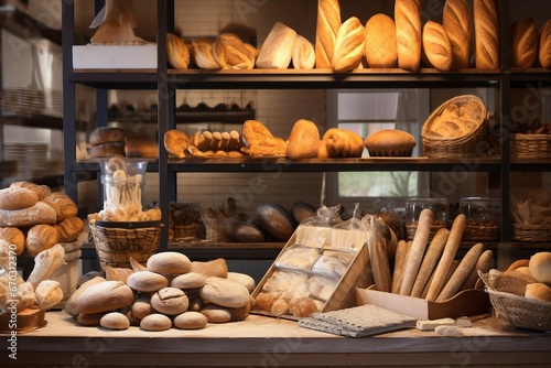 buns bread bakery ordinary display modern different assortment kind bun croissant loaf showcase counter retail small medium business trade store shop glasses sweet fresh baked french