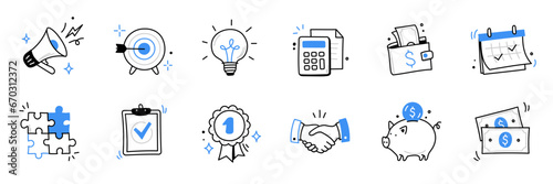 Hand drawn business, money icon set. Finance, money, marketing sketch drawn cute trendy doodle icon. Business money, finance calculator, economic elements. Vector illustration
