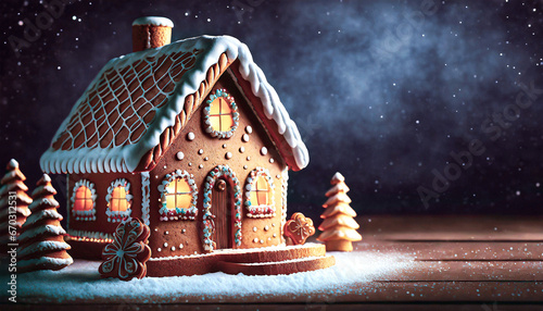 Winter home scene; gingerbread house on dark purple background with copy space for text design or logo.
