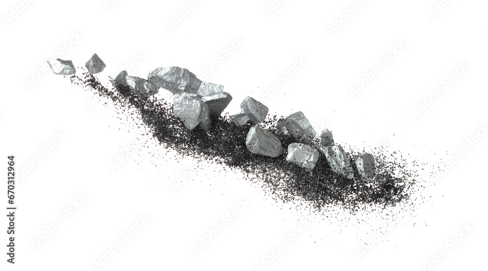 Silver ore nugget fly fall from Mining float in air. Many pieces silver ...