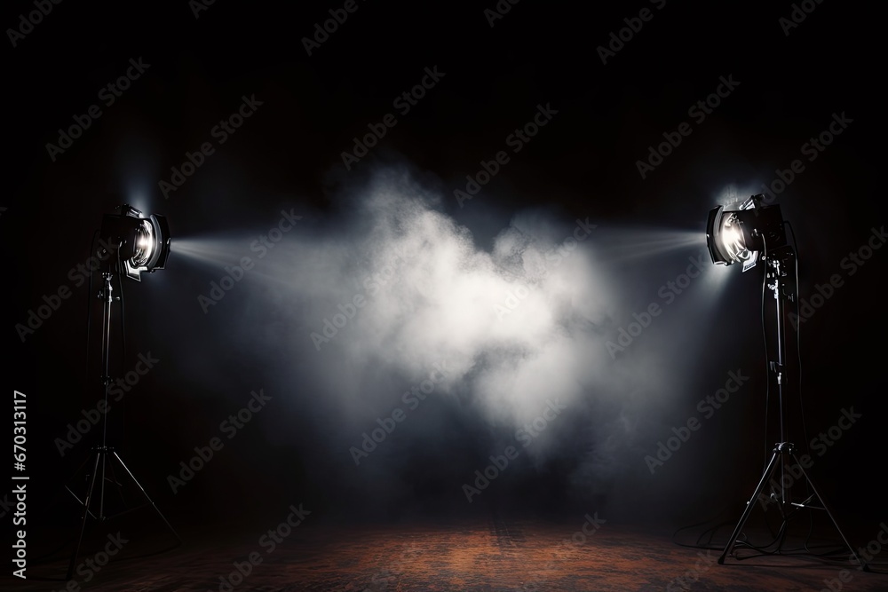 cinematography maker video photography set tools electric room dark smoke lights led blurred silhouette film production background using spotlight studio director lamp cinema motion picture - obrazy, fototapety, plakaty 
