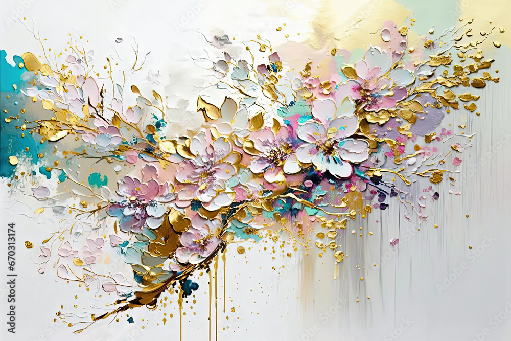 Luxury interior wall art. Spring cherry blossom, colorful and gold bloom - obrazy, fototapety, plakaty 