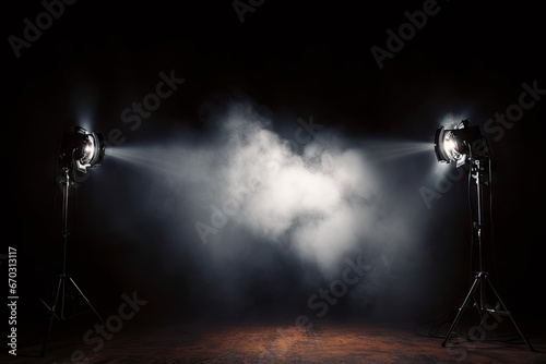 cinematography maker video photography set tools electric room dark smoke lights led blurred silhouette film production background using spotlight studio director lamp cinema motion picture photo