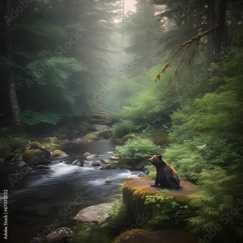 a cuddly bear akin to this lounges by a babbling brook, its fur glistening from the water's mist. around it, the forest teems with life, the lush greenery reflecting the vibrancy of nature’s