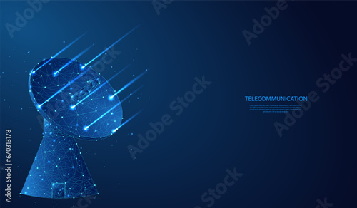 Abstract 3d satellite antenna. polygonal satellite signal receiver concept in dark blue background. Low poly wireframe style technology background. photo