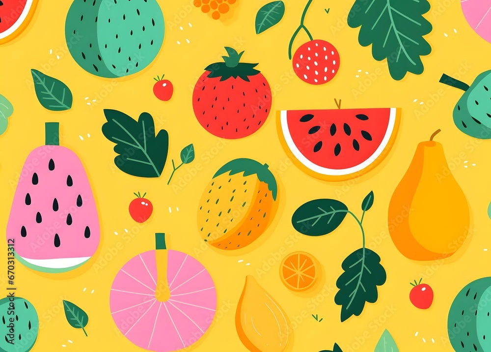 fruits and vegetables designs background wallpaper, in the style of jon burgerman, vintage aesthetics, yellow and pink, colorful animation stills, cottagecore  - obrazy, fototapety, plakaty 