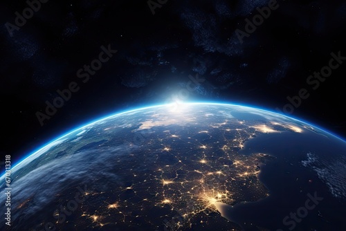 render 3d night space earth planet sun globe illuminated moon outer europa technology star three-dimensional alien astrology atmosphere background celestial city continent cosmos