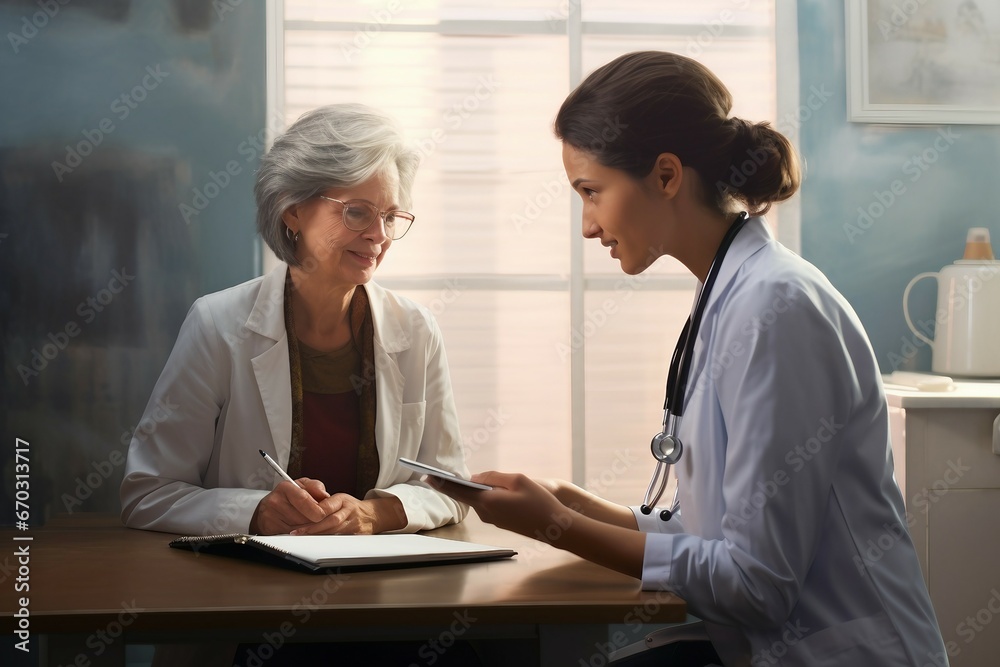 Fototapeta premium a female doctor sits desk chats elderly patient while looking test results woman office medicals business senior medicine talking hospital people nurse health laptop computer meeting working care