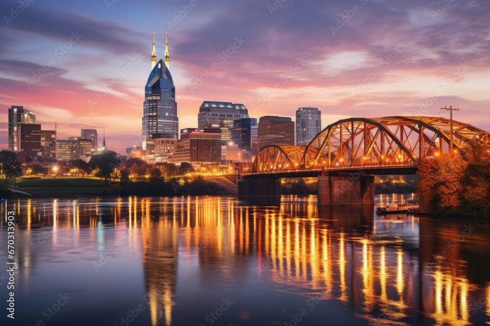 Fototapeta premium twilight skyline downtown tennessee nashville tn street river music night southern us scene destination america town travel view urban landmark attraction location