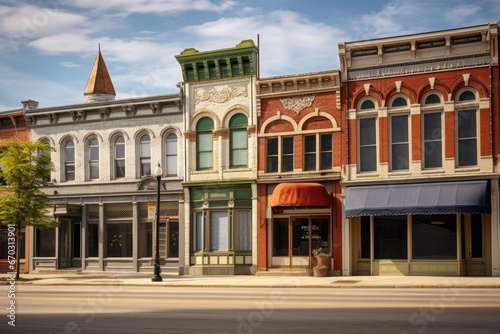 town small midwest street main storefronts shops downtown ornate business shop us architecture historic facades retail building photo