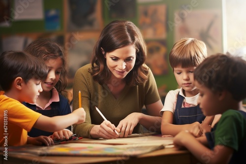 teacher class art children age elementary group  elementary preschool education school classroom learning kindergartner class student together drawing art colouring crayons happy smiling photo