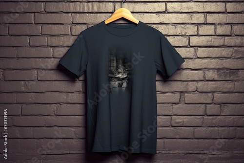 background brick shirt t black empty t-shirt retail copy space hanger wall textured mock up template logotype print nobody blank clothes advertisement colours front top store advertising