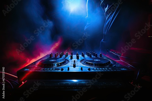 concept life club music dj close focus selective fog lights strobe deck s controls track various tweak hands night scratching mixing spinning earphones table hand loop