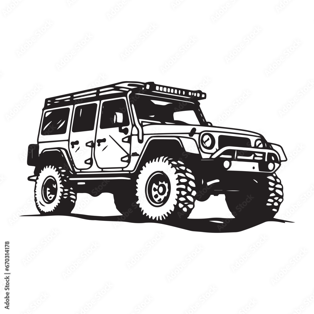 A logo of off road jeep 4x4 car silhouette visit mountain concept isolated icon vector jeep concept