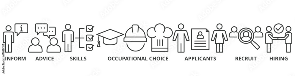 Job fair banner web icon vector illustration concept for employee recruitment and onboarding program with an icon of the information, advice, skills, occupational, applicants, recruit, and hiring Job fair banner web icon vector illustration concept for employee recruitment and onboarding program with an icon of the information, advice, skills, occupational, applicants, recruit, and hiring