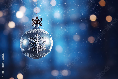 Christmas decoration on a blue background with bokeh and snowflakes. 
