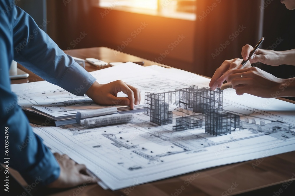 concept construction site working tools engineering building model partner project meeting blueprint drawing engineer structure planning real estate banner architect contractor - obrazy, fototapety, plakaty 