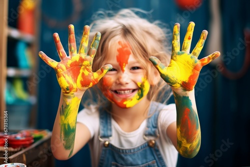 paint rty hands shows laughing draws girl child funny fun children education hand colours little childhood art drawing creativity finger play cute happiness joy colourful preschool playful