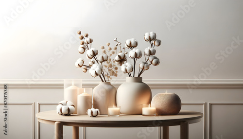 stylish table with candle and cotton flowers in a vase