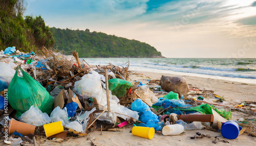 Garbage piling up on the beach with blue sky landscape