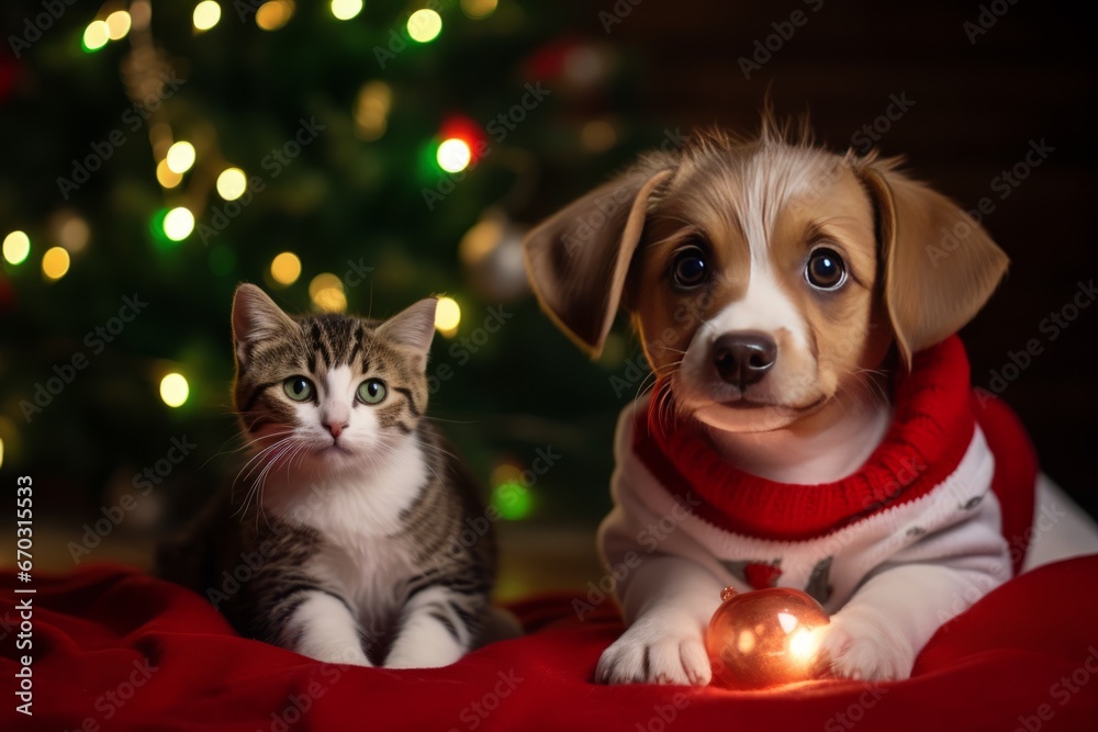 group of pets (a dog and cat) posing together under a christmas tree indoors group of pets (a dog and cat) posing together under a christmas tree indoors