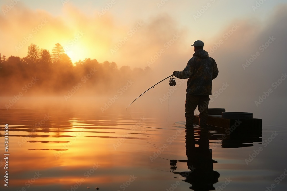 sunrise foggy fishing fisher   fishing fish sunrise lake river man sunset misty foggy fog mist rod summer morning casting sport male water action bank shore spinning rod recreation hobby