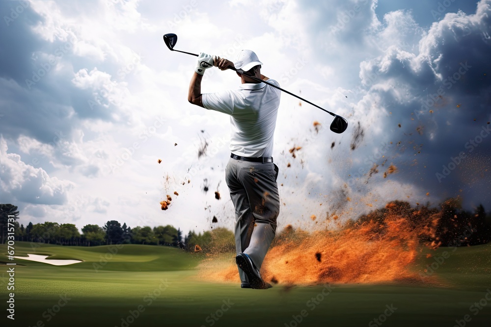 off teeing player golf   golf golfer golfing off tee off player course court green playing sport stroke box tee driver man wood active adult ball cloud club colours exercise game grass - obrazy, fototapety, plakaty 