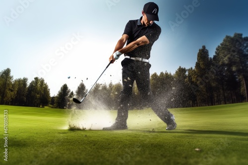 fairway shot golf performs golfer  golf golf ball golfer active ball black club course fairway game golfing grass green iron leisure lifestyle male man nature 1 outdoors pant person play photo