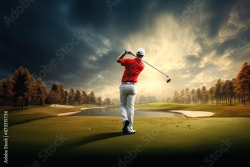 shot taking club golf Golfer course professional player Male sport bag competition competitive golfing hitting tee playing one person man aiming outdoors grass tree green summer spring nature sun la