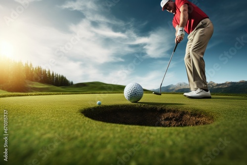 ball putting golfer professional   golfer golf shot ball player putting aiming angle background club copy space course day edge field sharpened foreground grass green hole horizontal photo