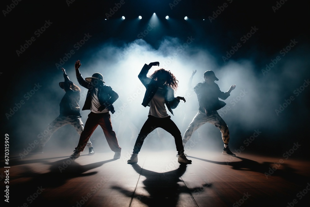 dancers energe full dance beautiful performance effective stage performing hop hip young group modern music people studio casual attire female motion - obrazy, fototapety, plakaty 