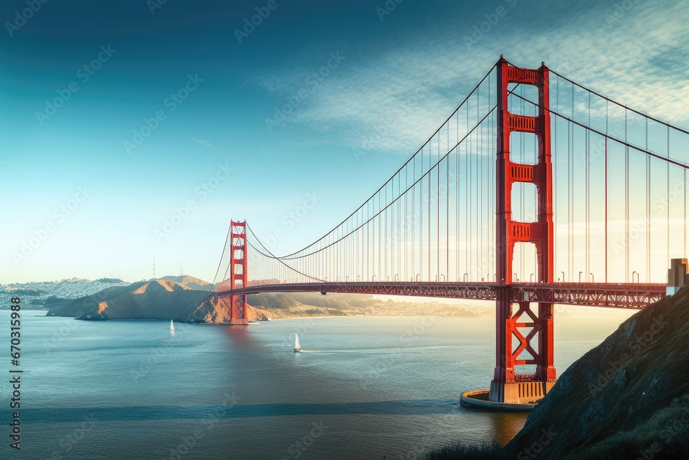 Fototapeta premium usa california francisco san gate golden frisco bridge gold bay downtown us cloud red light blue fog tower historical traffic green car travel engineering urban landmark attraction skyline