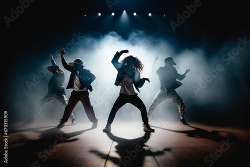 dancers energe full dance beautiful performance effective stage performing hop hip young group modern music people studio casual attire female motion photo