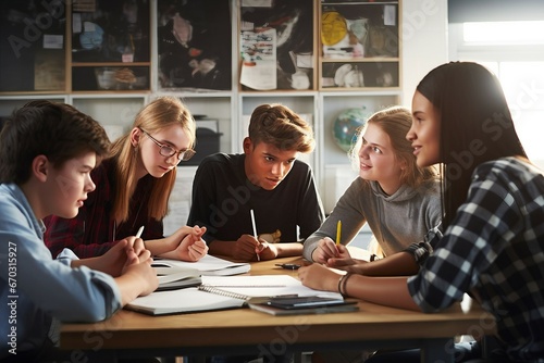 Classroom Project Collaborating Students Teenage Group education school lesson learning class student pupil sitting table studying working boy girl male female high college people person photo