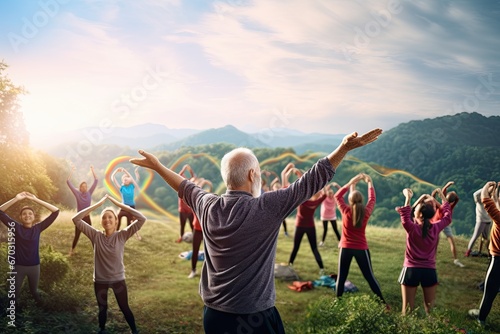 stretching nature exercise doing people active fit group large   group large big people community adult senior children children multi generation young old male female man woman girl photo