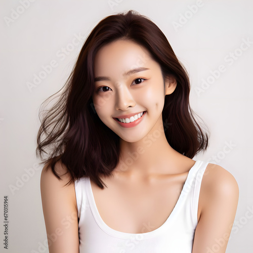 A young Asian (Korean) woman with a sweet smile and clean teeth. 