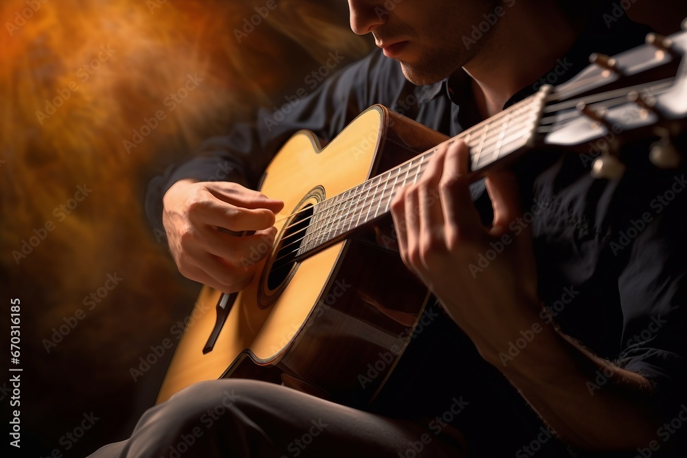 guitar acoustic playing man music musician guitarist musical instrument closeup hand classic chord fretboard professional occupation studio shot sound - obrazy, fototapety, plakaty 