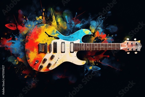 illustration grunge guitar rock psychedelic colorful music electric string instrument isolated white musical wood black equipment sound neck concert play blues metal musician photo